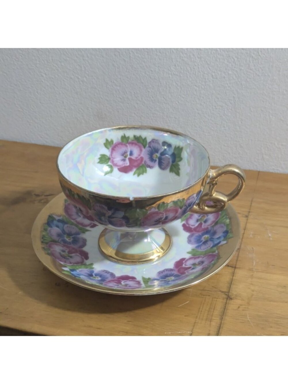Royal Sealy Pansy Lusterware Footed Tea Cup & Saucer Japan Gold Trim Vintage